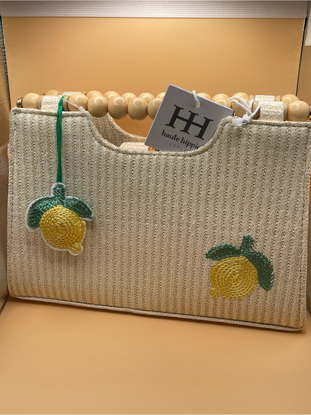 Haute Hippie  Beaded Handle Straw Handbag - Cream & Tan NWT